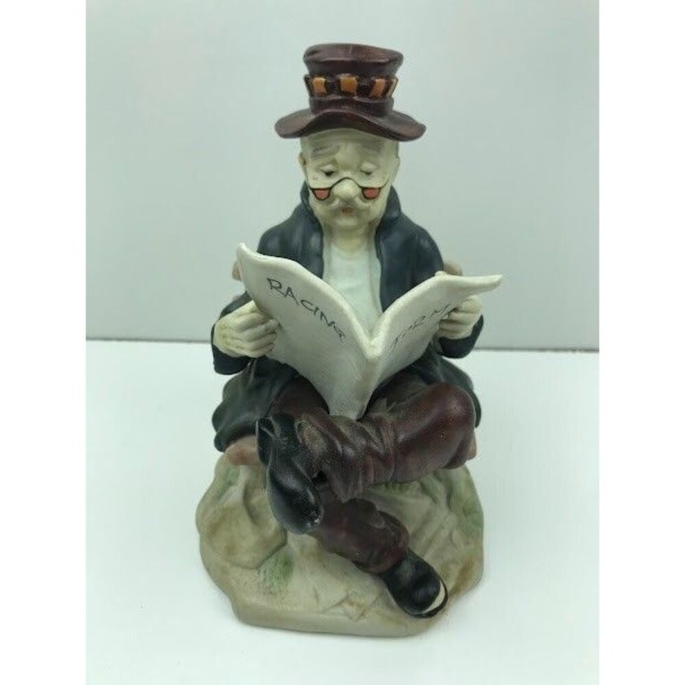 Vintage Porcelain Man Figure Hand Painted Reading Paper Racing Form 7" Tall